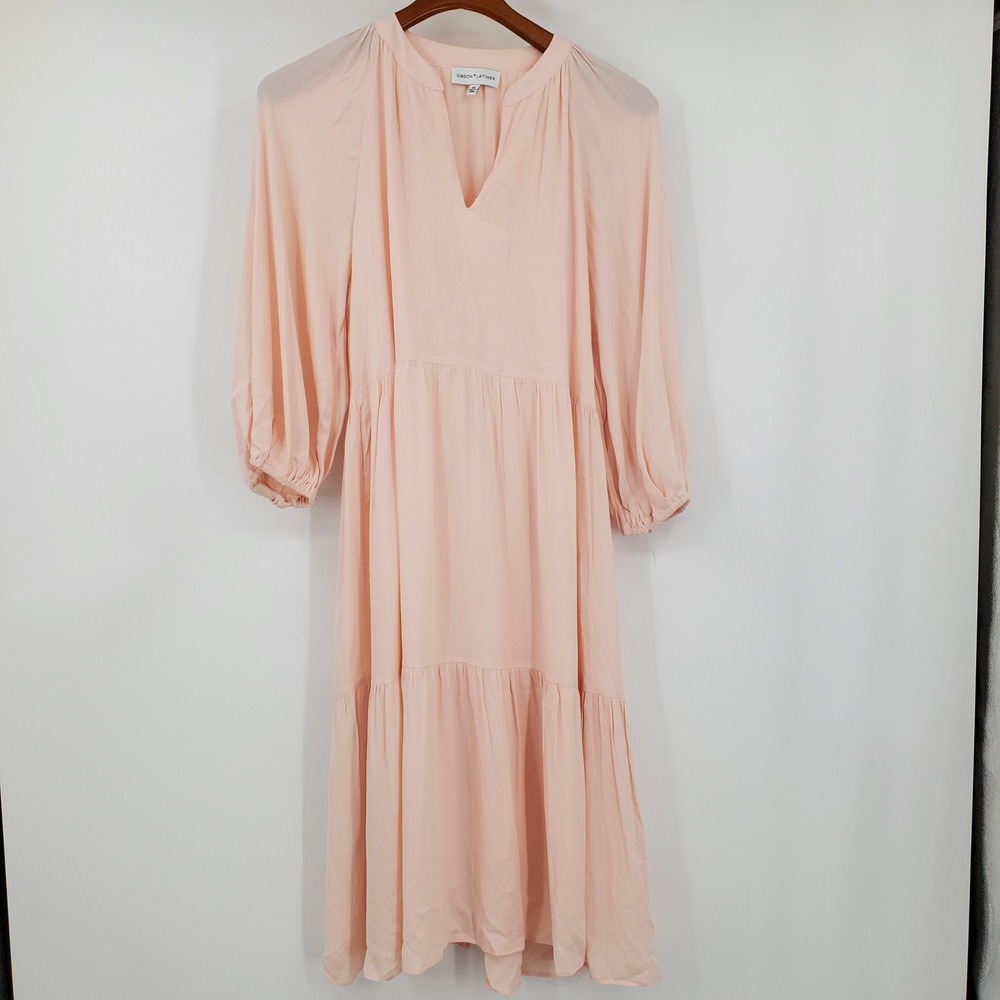 Gibson Latimer Pink Tiered Midi Dress Split V-Neck Blouson Sleeve M Cottage Boho